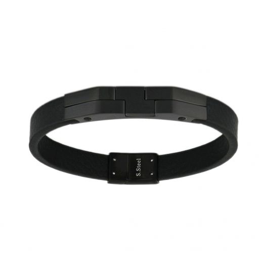 Ανδρικό βραχιόλι δερμάτινο μαύρο με ατσάλινο μαύρο στοιχειο