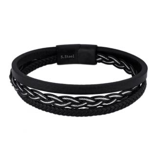 Men's black leather bracelet with stainless steel wire
