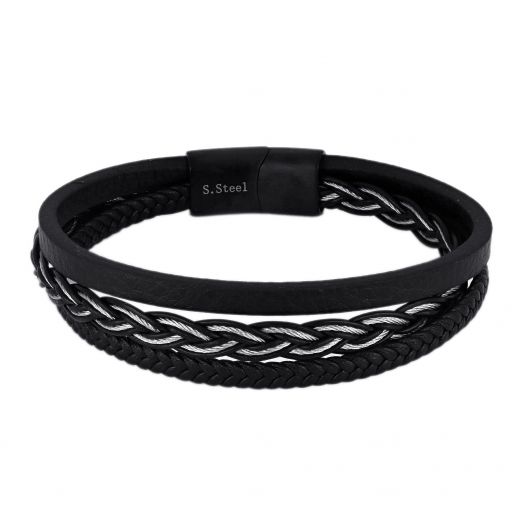 Men's black leather bracelet with stainless steel wire