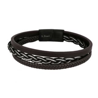 Ανδρικό βραχιόλι δερμάτινο καφέ και μαύρο με ανοξείδωτο ατσαλόσυρμα 