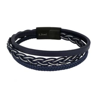 Men's blue leather bracelet with stainless steel wire