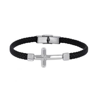 Men's black leather bracelet with steel cross