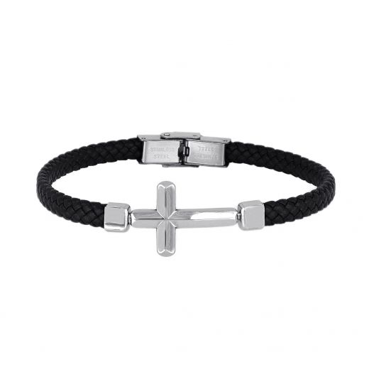 Men's black leather bracelet with steel cross