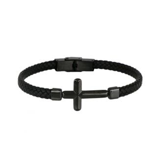 Men's black leather bracelet with black steel cross