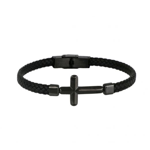 Men's black leather bracelet with black steel cross