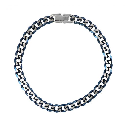 Men's steel chain bracelet in silver and blue color with curb chain type