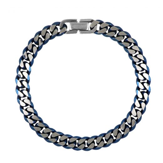 Men's steel chain bracelet in silver and blue color with curb chain type