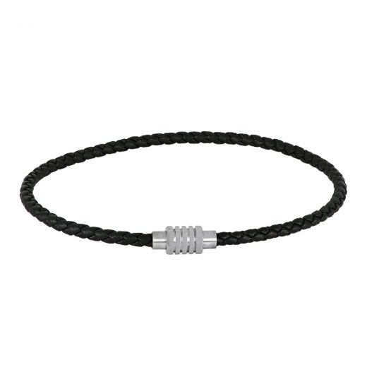 Black leather bracelet with stainless steel clasp.