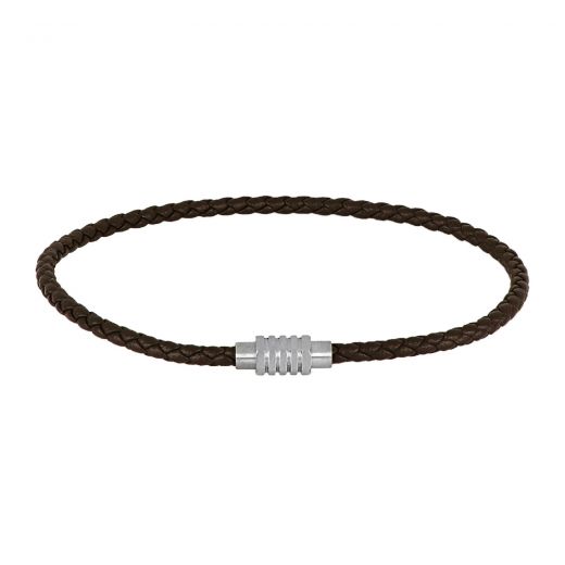 Brown leather bracelet with stainless steel clasp.
