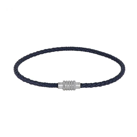 Blue leather bracelet with stainless steel clasp.