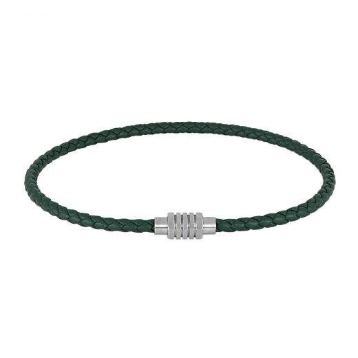 Green leather bracelet with stainless steel clasp.