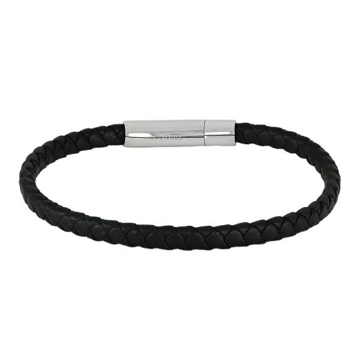 Black leather bracelet with stainless steel clasp