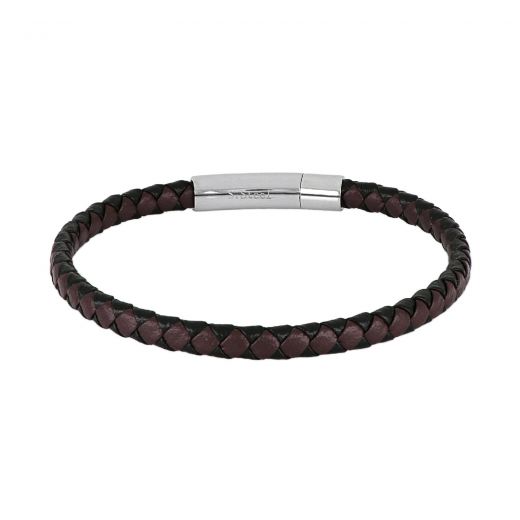 Leather bracelet black - brown, with stainless steel clasp