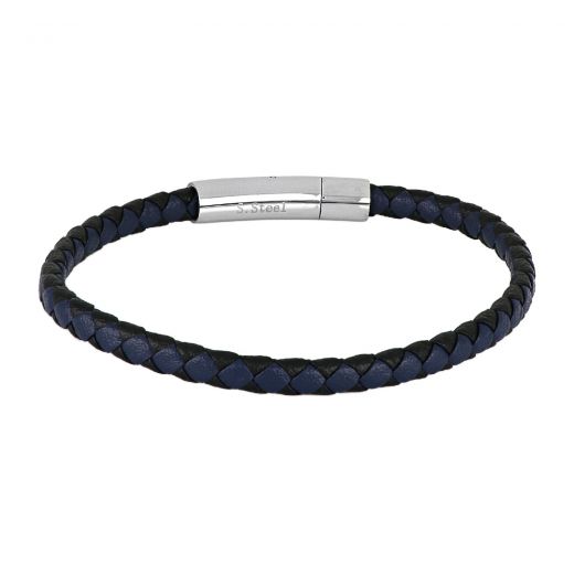 Leather bracelet black - blue with stainless steel clasp