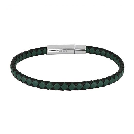 Leather bracelet black and green with stainless steel clasp