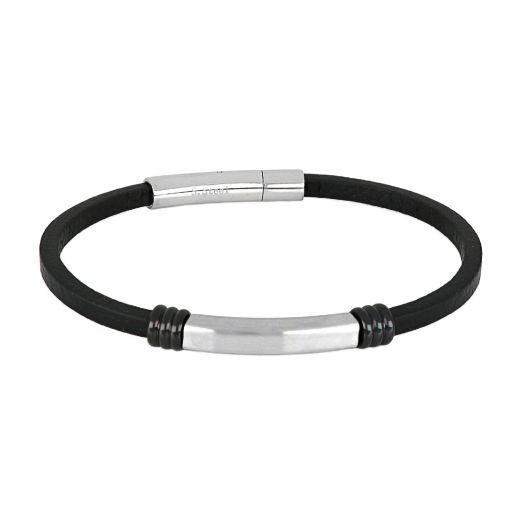 Black leather bracelet with stainless steel clasp