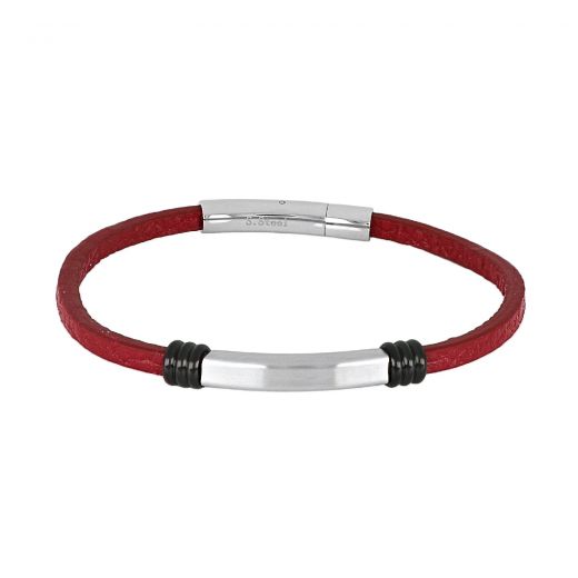 Red leather bracelet with elegant stainless steel clasp