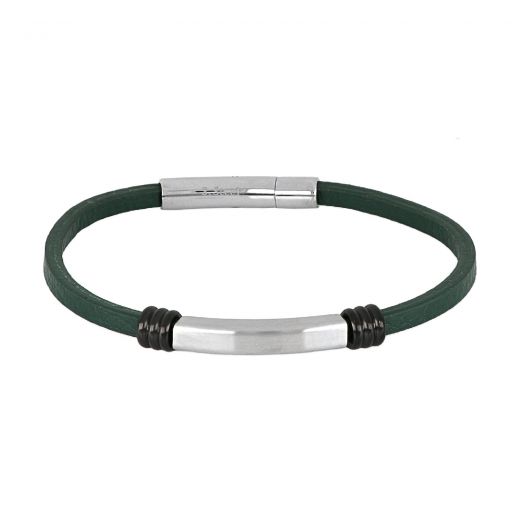 Green leather bracelet with stainless steel clasp