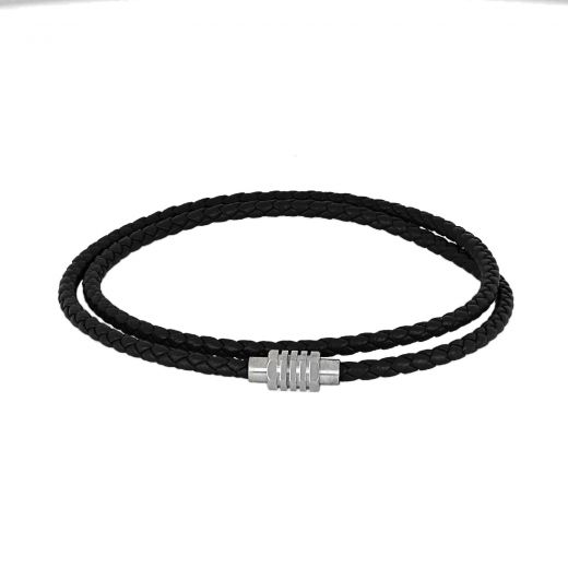 Black leather bracelet with stainless steel clasp