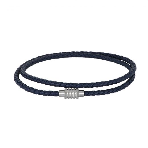 Blue leather bracelet with stainless steel clasp