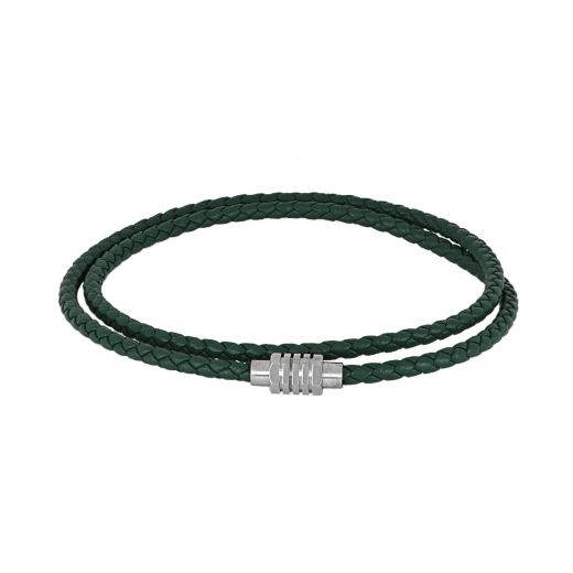 Green leather bracelet with stainless steel clasp