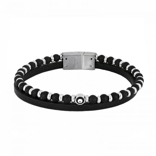 Leather bracelet with semi precious stones onyx and stainless steel clasp.