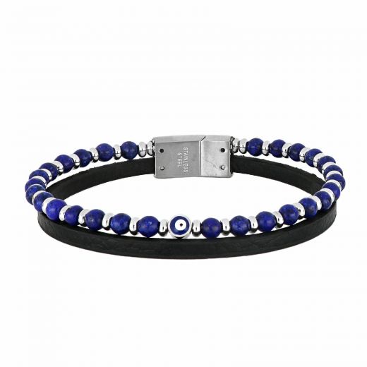 Leather bracelet with blue semi-precious stones and stainless steel clasp.