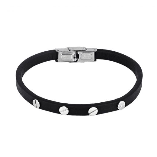 Black leather bracelet with steel elements