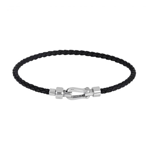 Black leather bracelet with stainless steel clasp