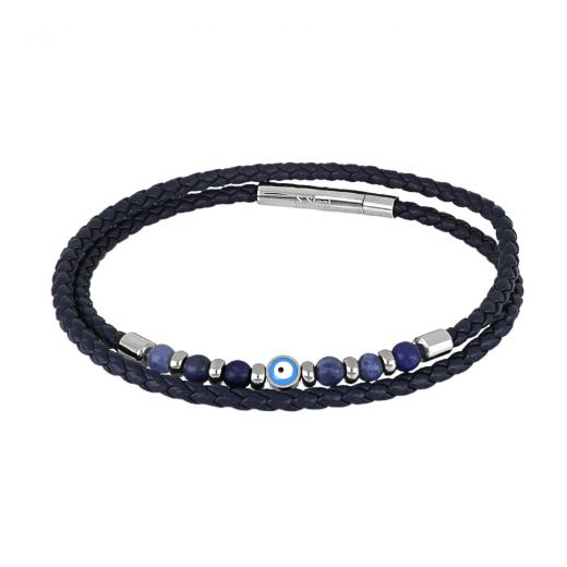 Blue men's leather bracelet with semi precious stones and evil eye.