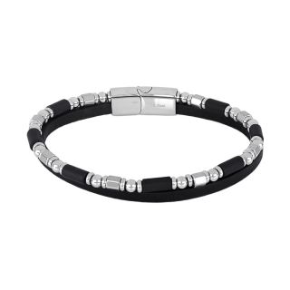 Men's double bracelet in black leather with steel elements and onyx stones - 