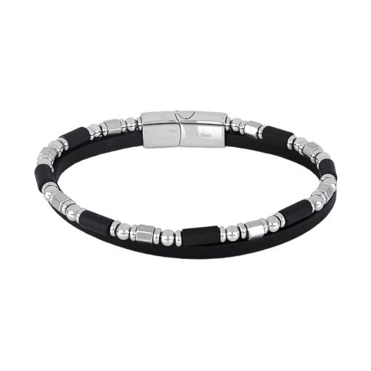 Men's double bracelet in black leather with steel elements and onyx stones