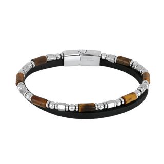 Men's double bracelet in black leather with steel elements and brown jasper - 