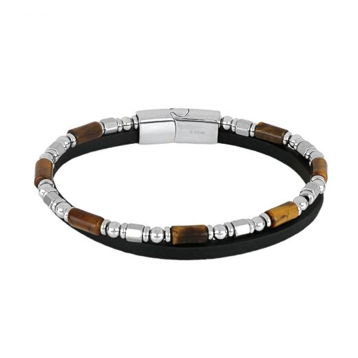 Men's double bracelet in black leather with steel elements and brown jasper
