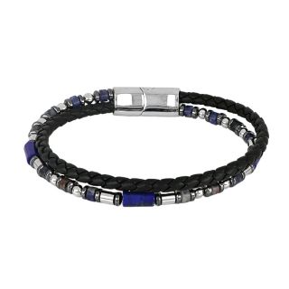 Men's double bracelet in black leather with steel elements and semi-precious stones - 