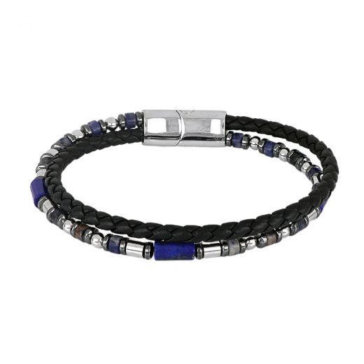 Men's double bracelet in black leather with steel elements and semi-precious stones