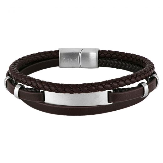 Men's brown leather bracelet with steel clasp and steel plate