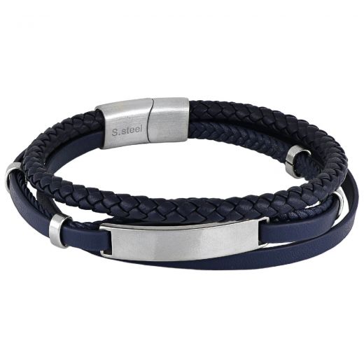 Men's blue leather bracelet with steel clasp and steel plate