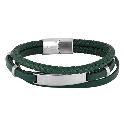 Men's green leather bracelet with steel clasp and steel plate