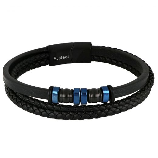 Men's black leather bracelet with steel clasp and steel elements in blue and black