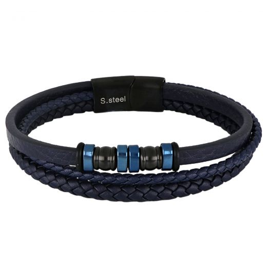 Men's blue leather bracelet with steel clasp and steel elements in blue and black