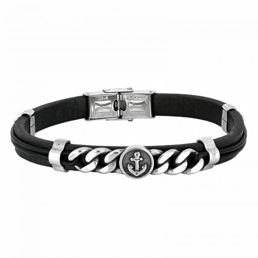 Black leather bracelet with stainless steel anchor and gourmet chain