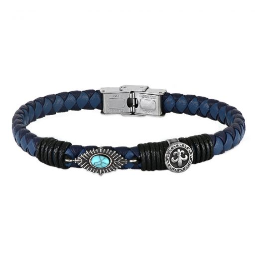 Blue leather bracelet with stainless steel anchor and semi precious stone tiger eye