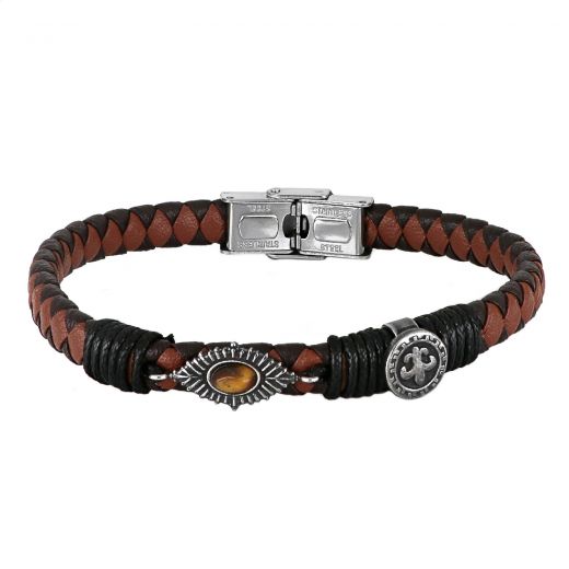 Brown leather bracelet with stainless steel anchor and semi precious stone tiger eye