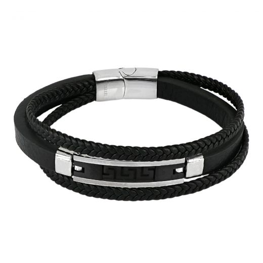 Men's black leather bracelet with steel clasp and meander
