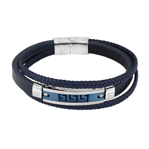 Men's blue leather bracelet with steel clasp and meander