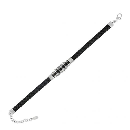 Black men's leather bracelet with steel elements