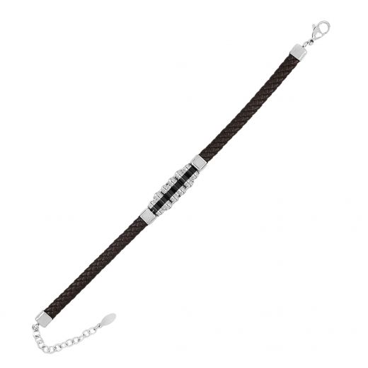 Brown men's leather bracelet with steel elements
