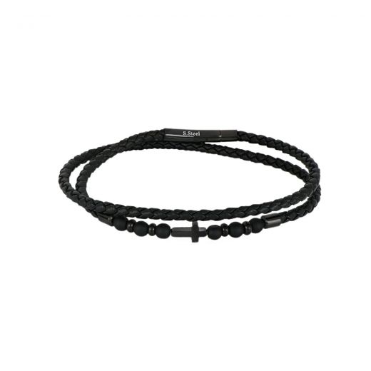 Black leather bracelet with cross and black onyx