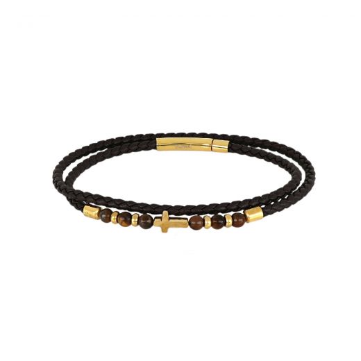 Brown leather bracelet with cross and tiger's eye semi-precious stones